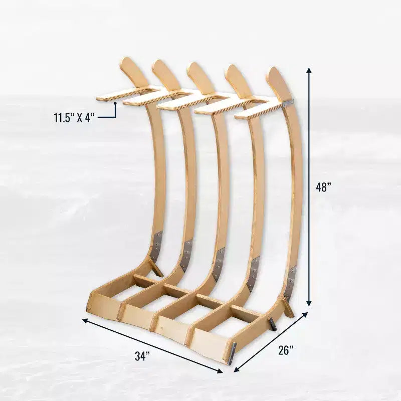 Estante de madera para tablas de surf, de pie, marrón natural, capacidad para 4 tablas
