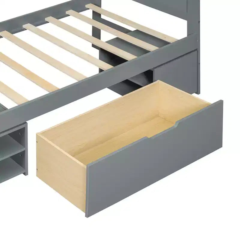Cama de plataforma de tamaño matrimonial de madera natural con cajón y 2 estantes de almacenamiento