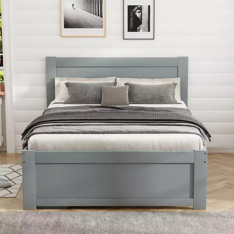 Cama de plataforma de tamaño matrimonial de madera natural con cajón y 2 estantes de almacenamiento