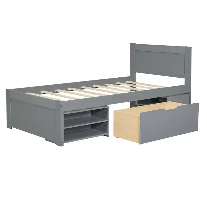 Cama de plataforma de tamaño matrimonial de madera natural con cajón y 2 estantes de almacenamiento