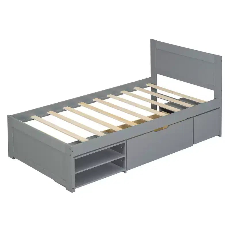 Cama de plataforma de tamaño matrimonial de madera natural con cajón y 2 estantes de almacenamiento