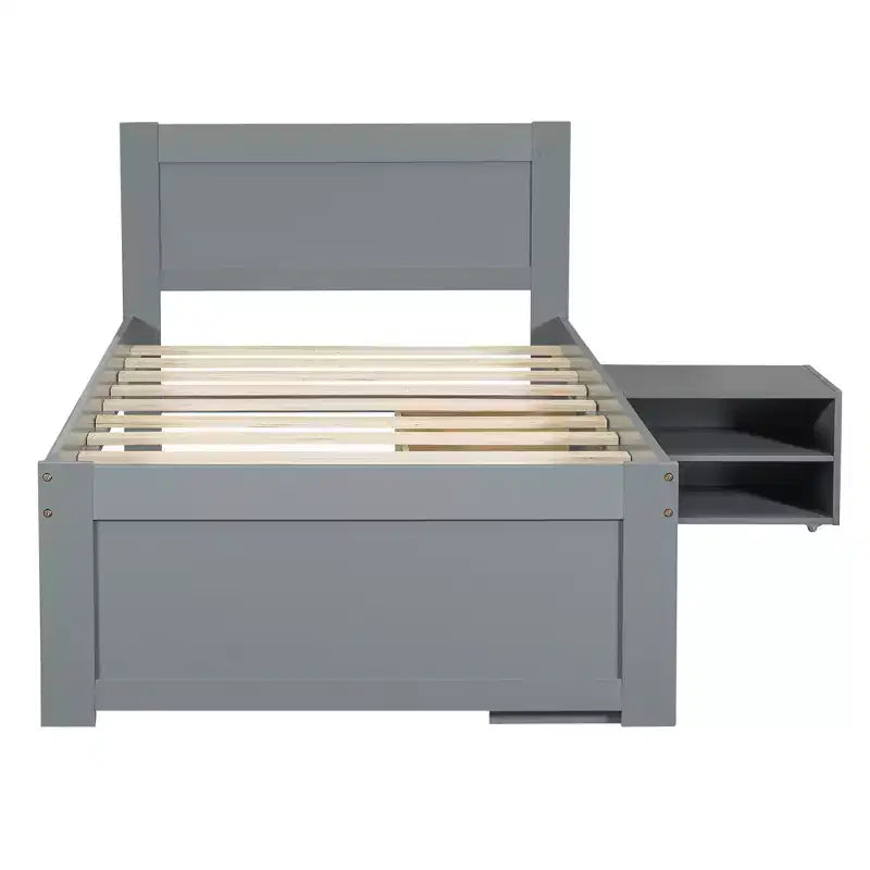 Cama de plataforma de tamaño matrimonial de madera natural con cajón y 2 estantes de almacenamiento