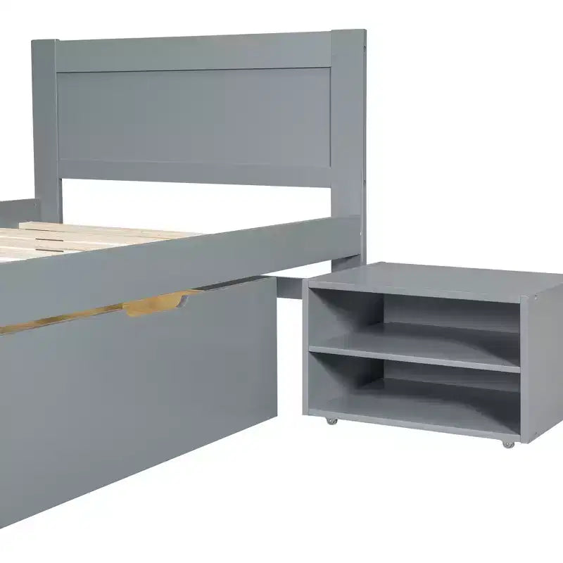 Cama de plataforma de tamaño matrimonial de madera natural con cajón y 2 estantes de almacenamiento