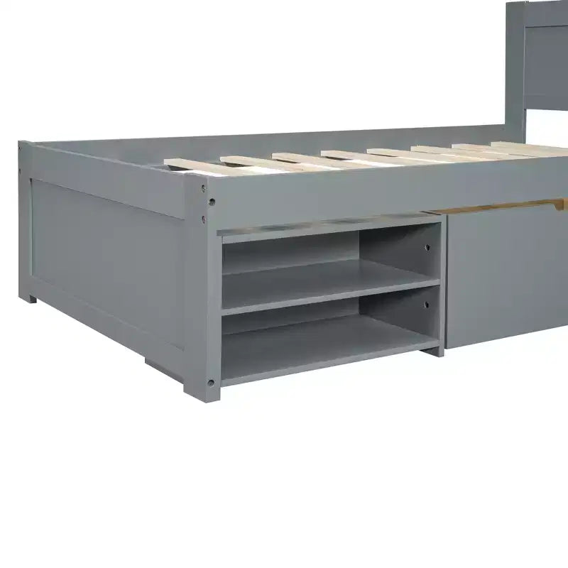 Cama de plataforma de tamaño matrimonial de madera natural con cajón y 2 estantes de almacenamiento