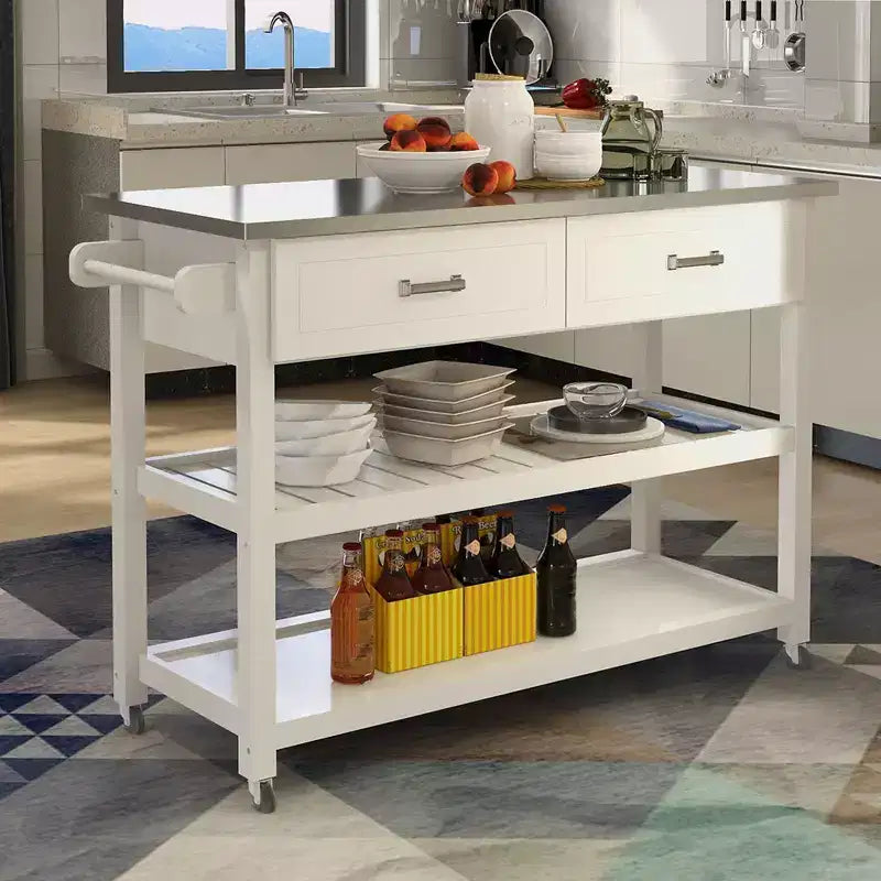 Carro de Isla de Cocina Blanco con Encimera de Acero Inoxidable, 2 Cajones y Estantes, para 1-2 Usuarios