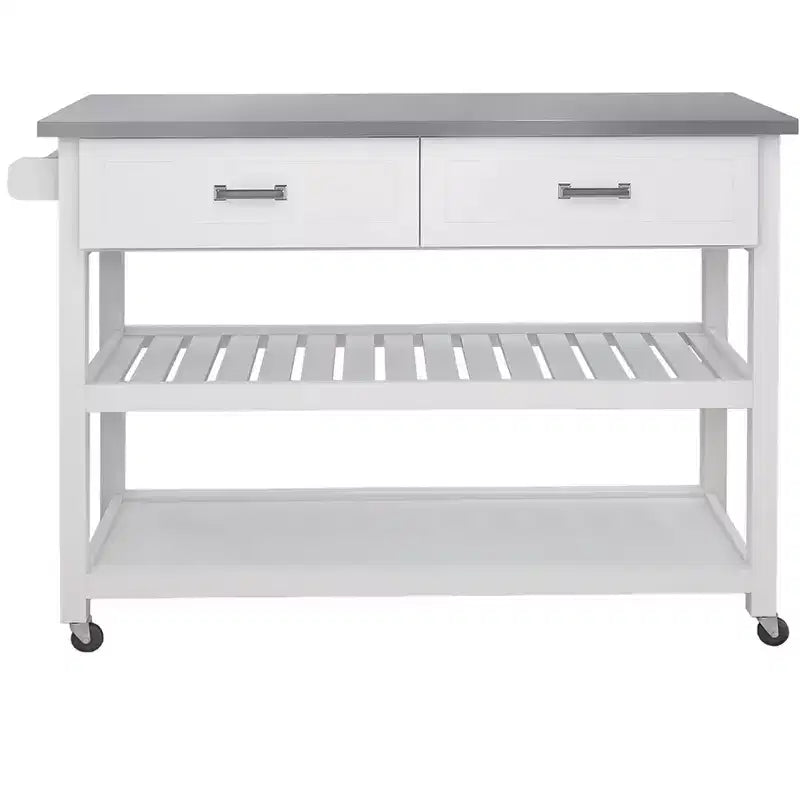 Carro de Isla de Cocina Blanco con Encimera de Acero Inoxidable, 2 Cajones y Estantes, para 1-2 Usuarios
