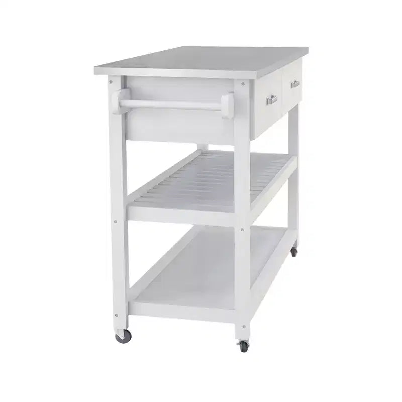Carro de Isla de Cocina Blanco con Encimera de Acero Inoxidable, 2 Cajones y Estantes, para 1-2 Usuarios