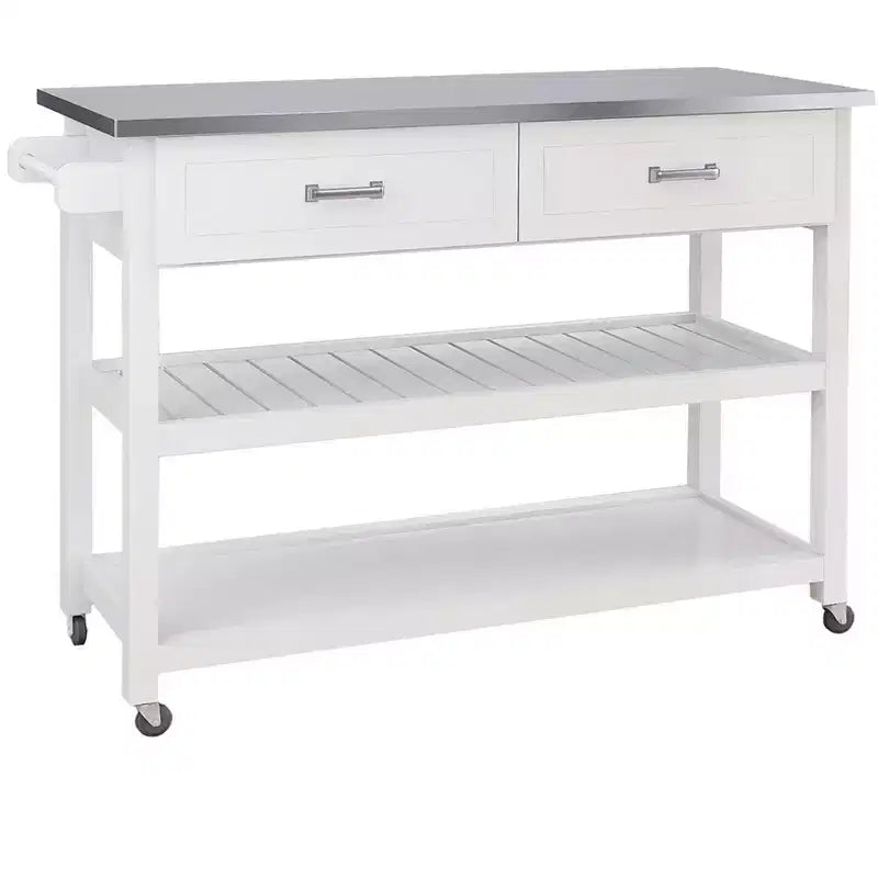 Carro de Isla de Cocina Blanco con Encimera de Acero Inoxidable, 2 Cajones y Estantes, para 1-2 Usuarios