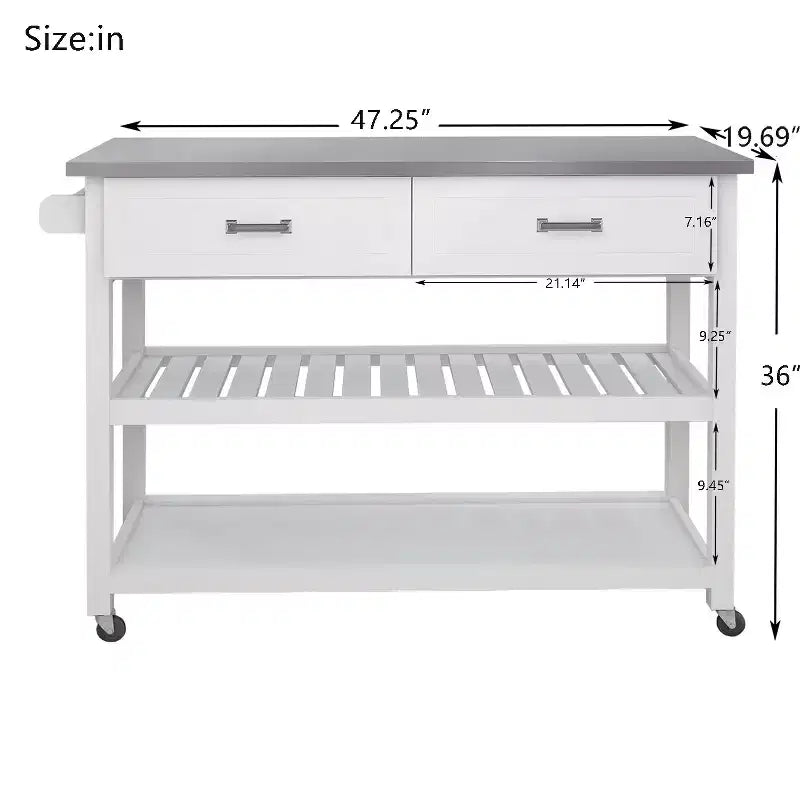 Carro de Isla de Cocina Blanco con Encimera de Acero Inoxidable, 2 Cajones y Estantes, para 1-2 Usuarios