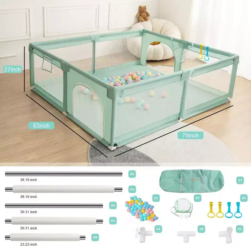 Corral de juegos para bebés de 4 paneles, gris/verde/blanco, 79"x63", para 1 bebé