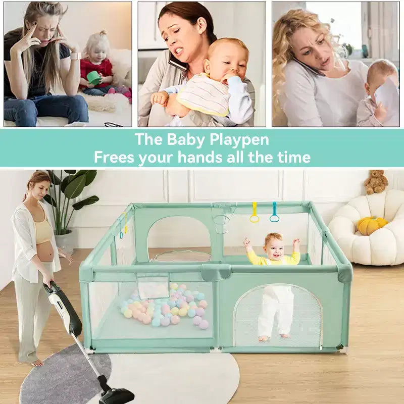Corral de juegos para bebés de 4 paneles, gris/verde/blanco, 79"x63", para 1 bebé