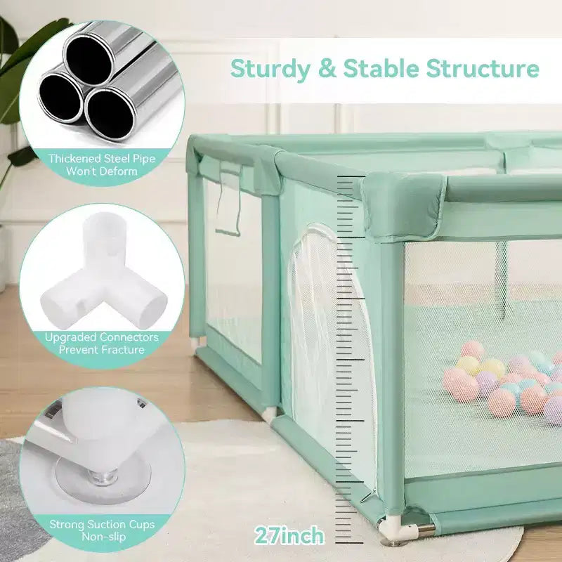 Corral de juegos para bebés de 4 paneles, gris/verde/blanco, 79"x63", para 1 bebé