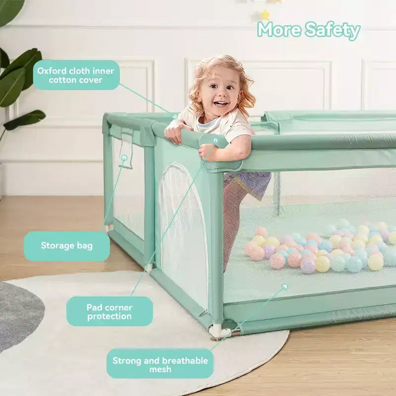 Corral de juegos para bebés de 4 paneles, gris/verde/blanco, 79"x63", para 1 bebé