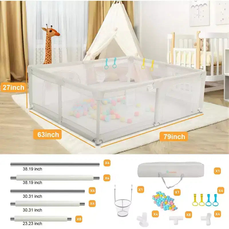 Corral de juegos para bebés de 4 paneles, gris/verde/blanco, 79"x63", para 1 bebé