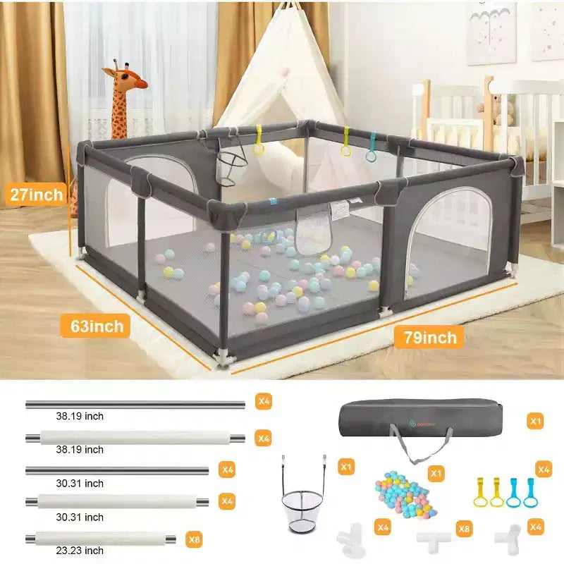 Corral de juegos para bebés de 4 paneles, gris/verde/blanco, 79"x63", para 1 bebé