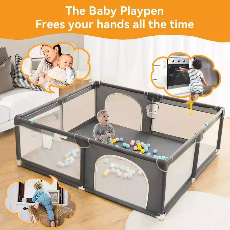 Corral de juegos para bebés de 4 paneles, gris/verde/blanco, 79"x63", para 1 bebé