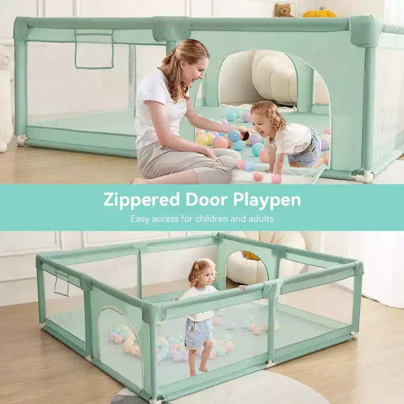 Corral de juegos para bebés de 4 paneles, gris/verde/blanco, 79"x63", para 1 bebé