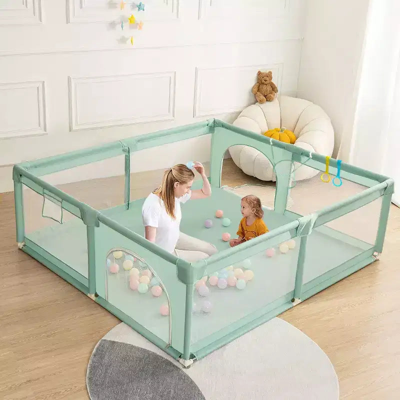Corral de juegos para bebés de 4 paneles, gris/verde/blanco, 79"x63", para 1 bebé