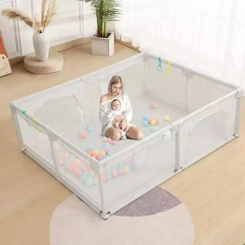 Corral de juegos para bebés de 4 paneles, gris/verde/blanco, 79"x63", para 1 bebé