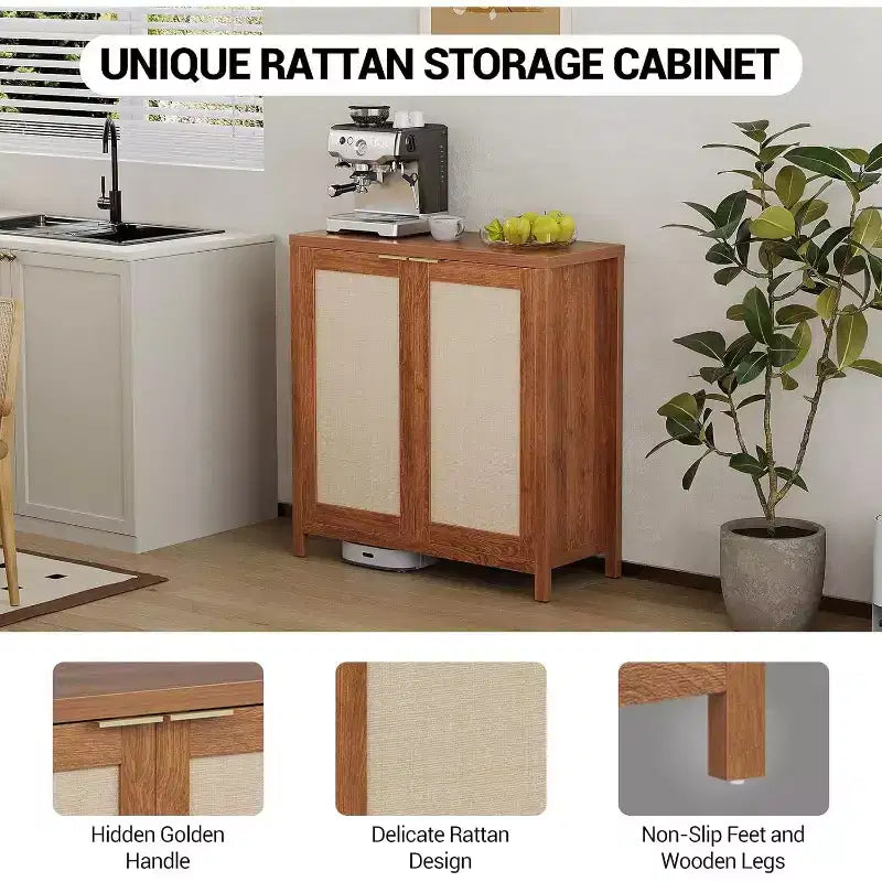 Aparador de roble claro con puertas de ratán, 2 puertas