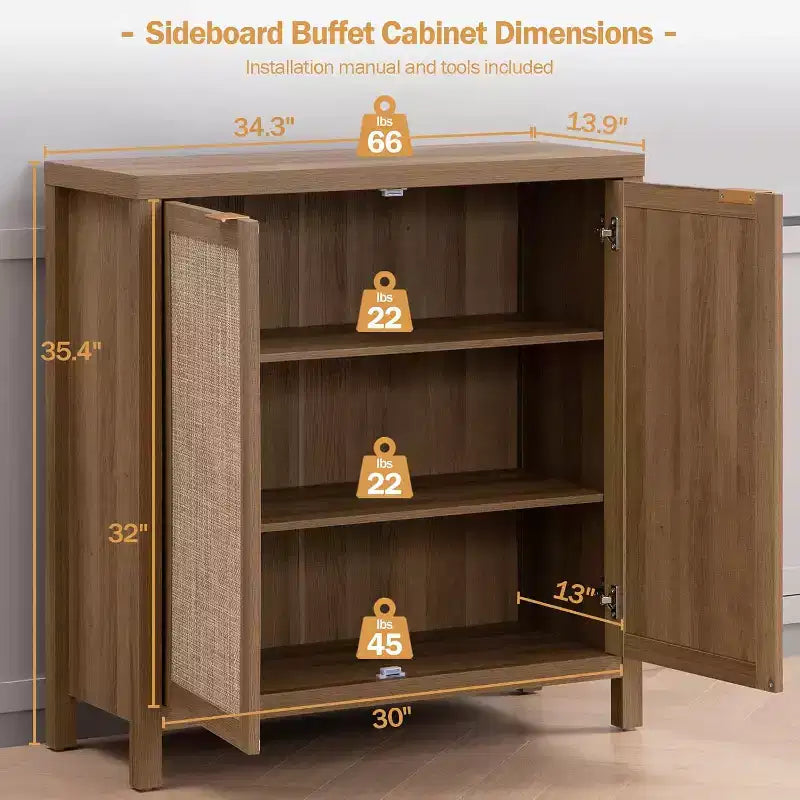Aparador de roble claro con puertas de ratán, 2 puertas