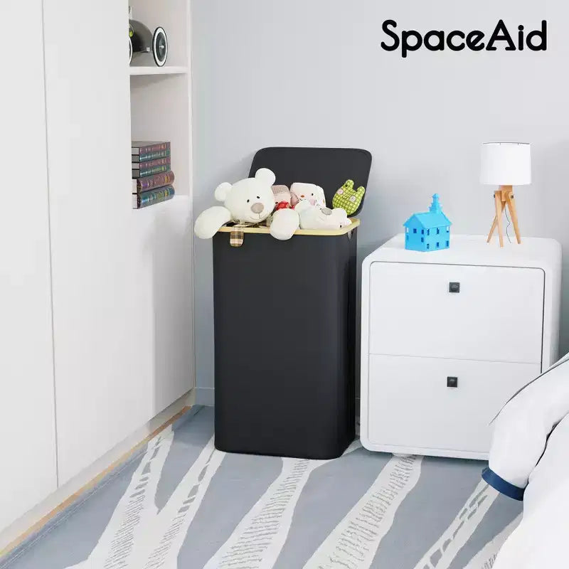 Cesto de ropa sucia plegable con tapa y asa de bambú, 110 L, 1 persona