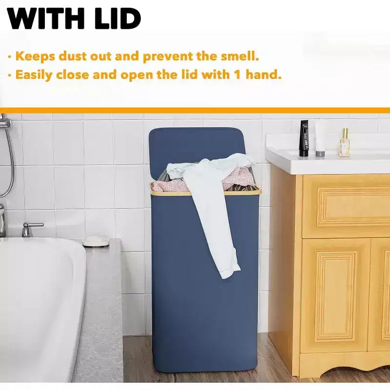 Cesto de ropa sucia plegable con tapa y asa de bambú, 110 L, 1 persona