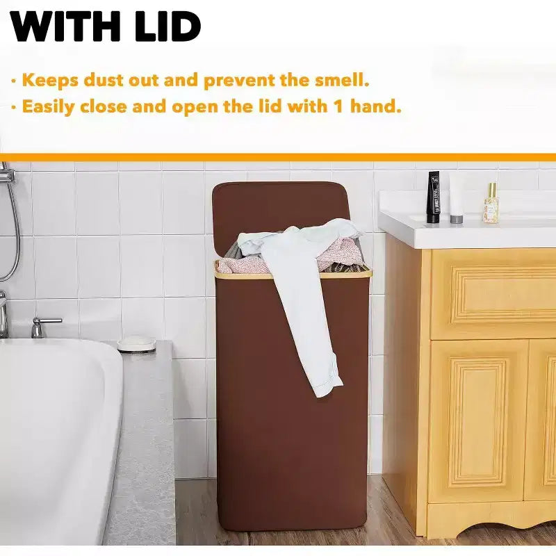 Cesto de ropa sucia plegable con tapa y asa de bambú, 110 L, 1 persona