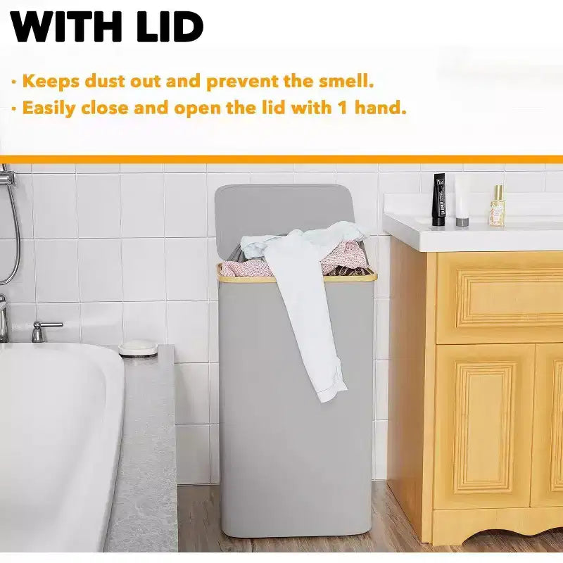 Cesto de ropa sucia plegable con tapa y asa de bambú, 110 L, 1 persona