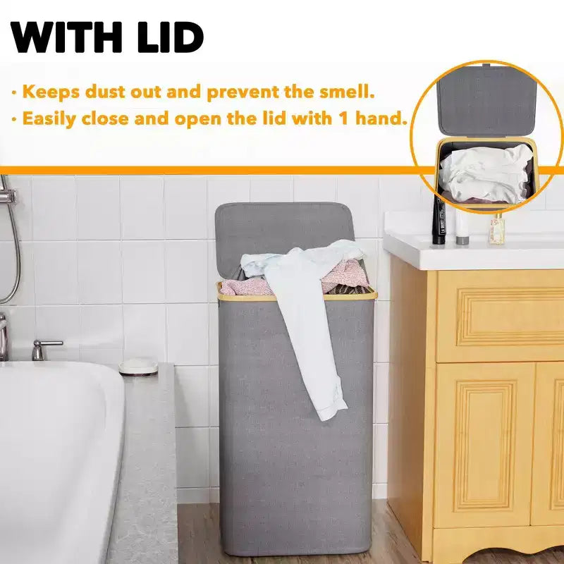 Cesto de ropa sucia plegable con tapa y asa de bambú, 110 L, 1 persona