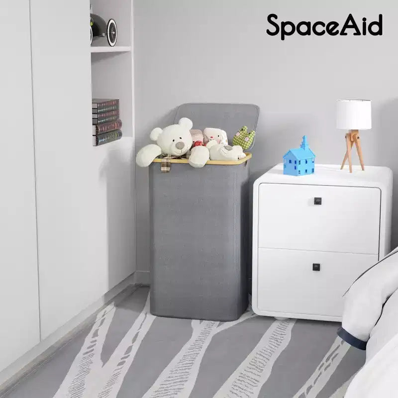 Cesto de ropa sucia plegable con tapa y asa de bambú, 110 L, 1 persona