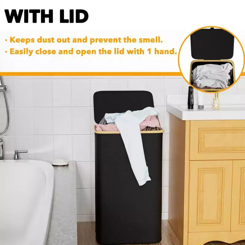 Cesto de ropa sucia plegable con tapa y asa de bambú, 110 L, 1 persona