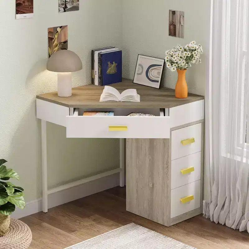 Escritorio de esquina blanco y gris con 3 cajones, forma triangular, 1 persona