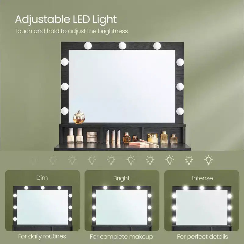 Tocador con espejo iluminado, negro / blanco nube, 1 persona
