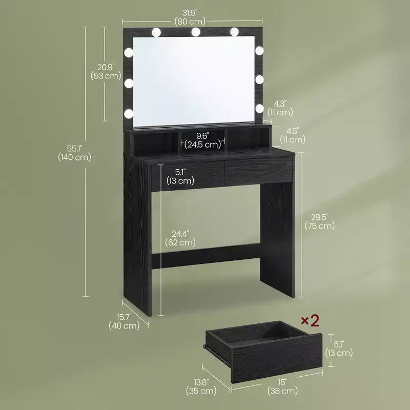 Tocador con espejo iluminado, negro / blanco nube, 1 persona