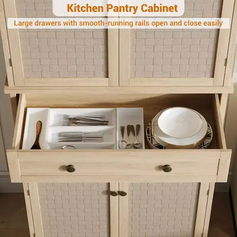 Alacena de despensa de ratán marrón natural – 4 puertas con cajón, para un usuario