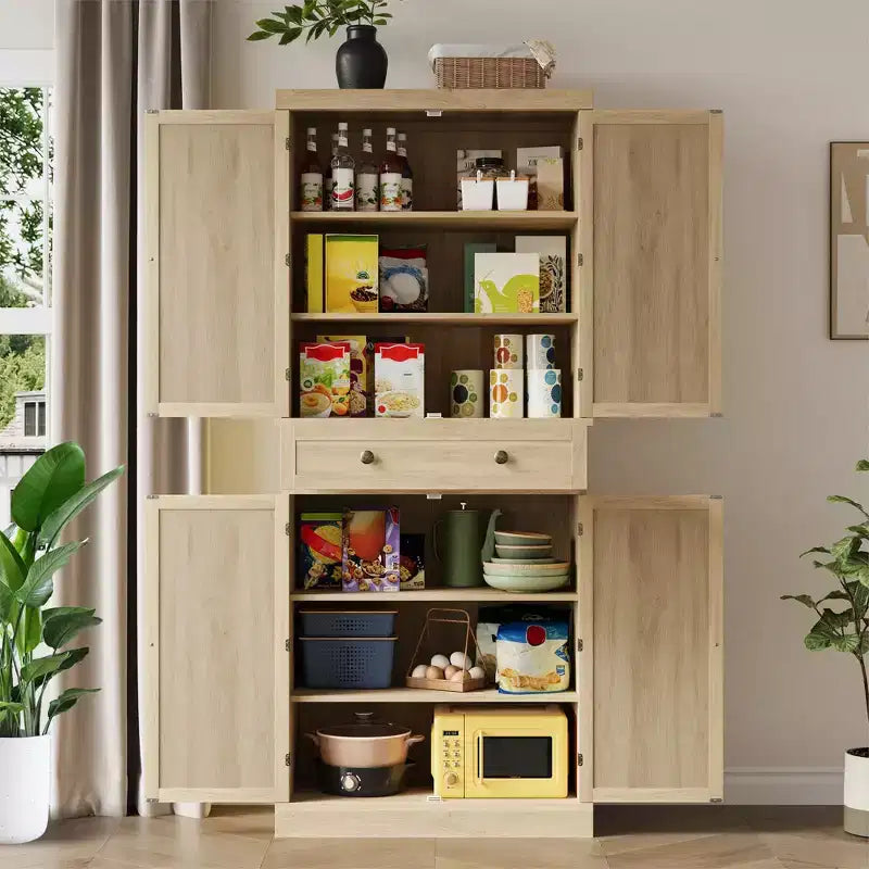 Alacena de despensa de ratán marrón natural – 4 puertas con cajón, para un usuario