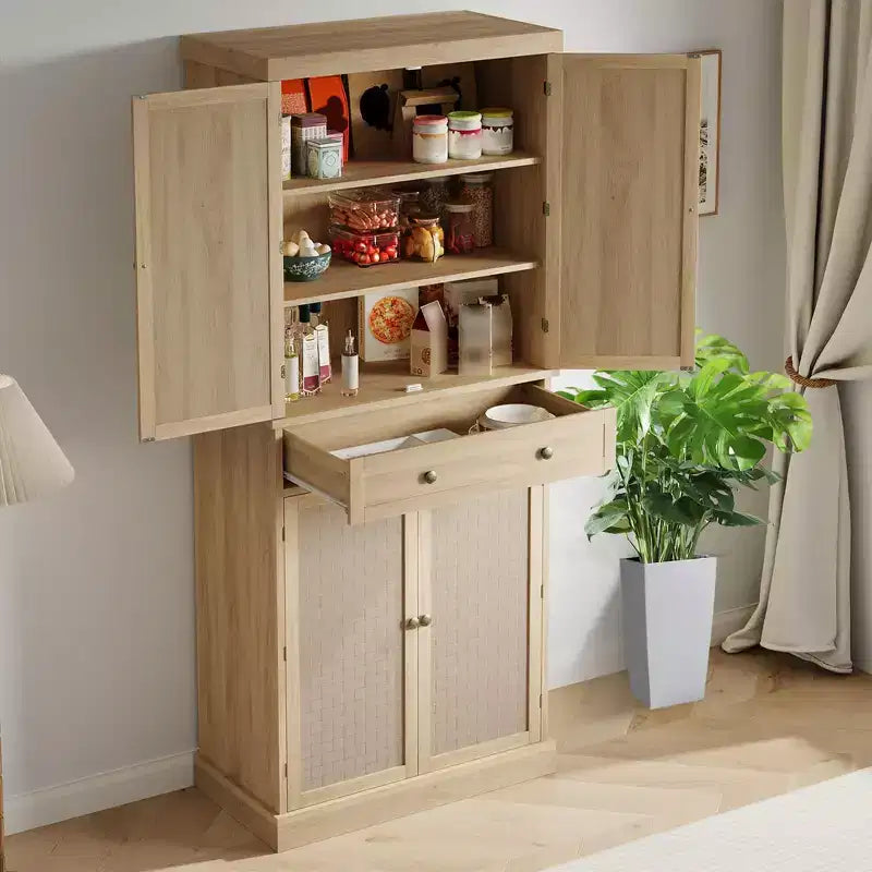 Alacena de despensa de ratán marrón natural – 4 puertas con cajón, para un usuario