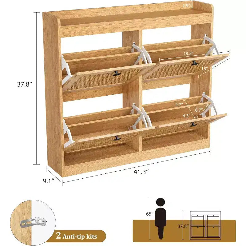 Zapatero de ratán con 4 cajones abatibles, independiente, capacidad para 26–32 pares, negro / marrón / natural