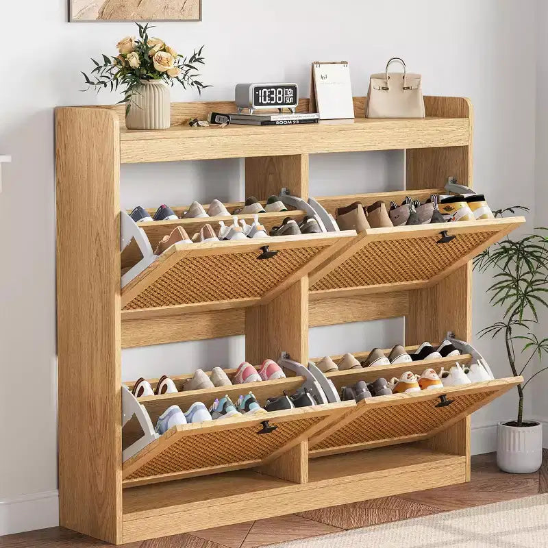 Zapatero de ratán con 4 cajones abatibles, independiente, capacidad para 26–32 pares, negro / marrón / natural