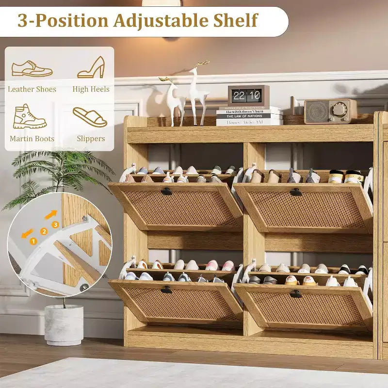 Zapatero de ratán con 4 cajones abatibles, independiente, capacidad para 26–32 pares, negro / marrón / natural