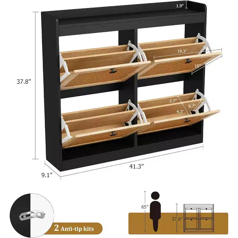 Zapatero de ratán con 4 cajones abatibles, independiente, capacidad para 26–32 pares, negro / marrón / natural