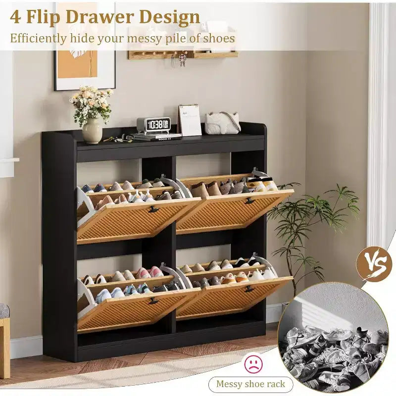 Zapatero de ratán con 4 cajones abatibles, independiente, capacidad para 26–32 pares, negro / marrón / natural