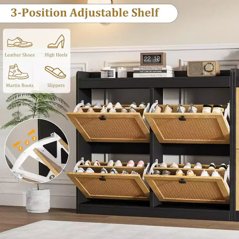 Zapatero de ratán con 4 cajones abatibles, independiente, capacidad para 26–32 pares, negro / marrón / natural