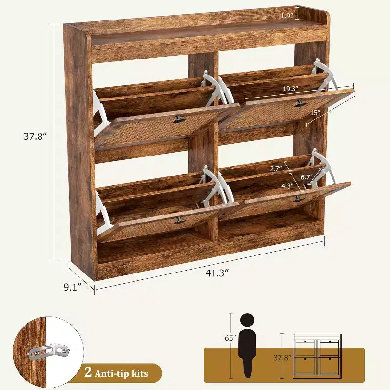 Zapatero de ratán con 4 cajones abatibles, independiente, capacidad para 26–32 pares, negro / marrón / natural