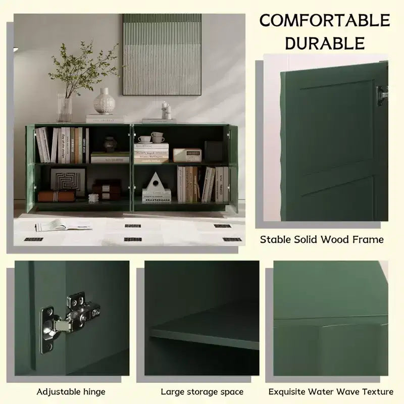 Aparador estriado azul/verde de 60" con almacenamiento de 4 puertas – Uso para adultos
