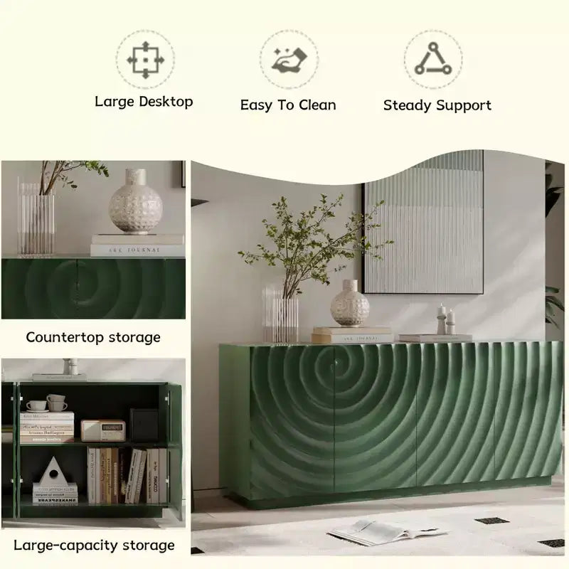 Aparador estriado azul/verde de 60" con almacenamiento de 4 puertas – Uso para adultos