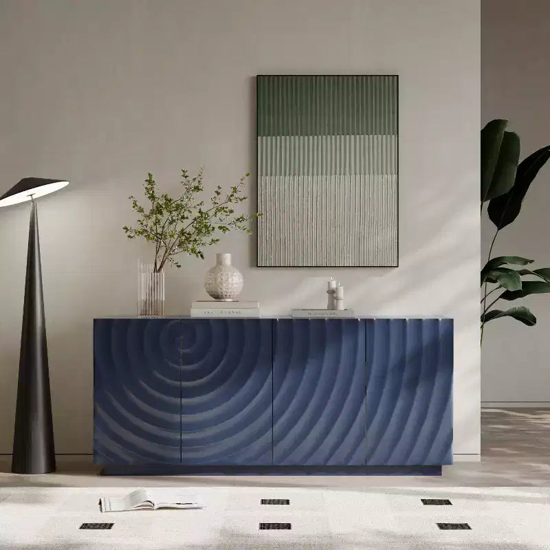 Aparador estriado azul/verde de 60" con almacenamiento de 4 puertas – Uso para adultos