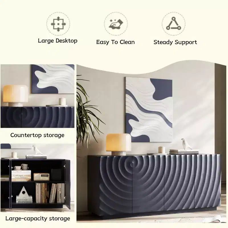 Aparador estriado azul/verde de 60" con almacenamiento de 4 puertas – Uso para adultos