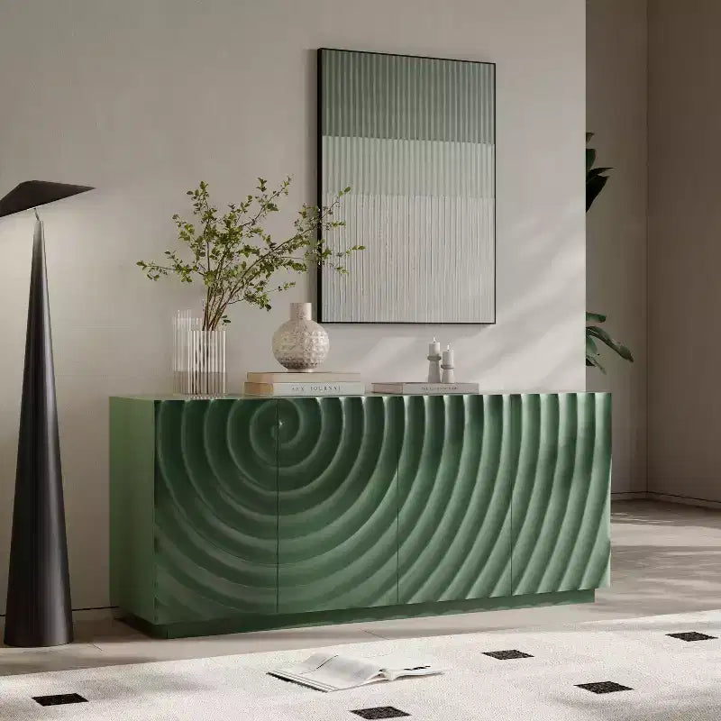 Aparador estriado azul/verde de 60" con almacenamiento de 4 puertas – Uso para adultos